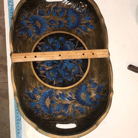 Wooden Mexican Batea Tray Blue Floral Lacquered Handmade Floral Folk A… - Picture 8 of 14